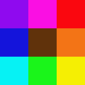 A set of 9 squares in a 3x3 grid with multiple different colors, going from magenta at the top middle, red at the top right, orange at the middle right, yellow at the bottom right, green at the bottom middle, cyan at the bottom left, blue at the middle left, and purple at the top left. the color in the direct center is brown. they are all very saturated.
